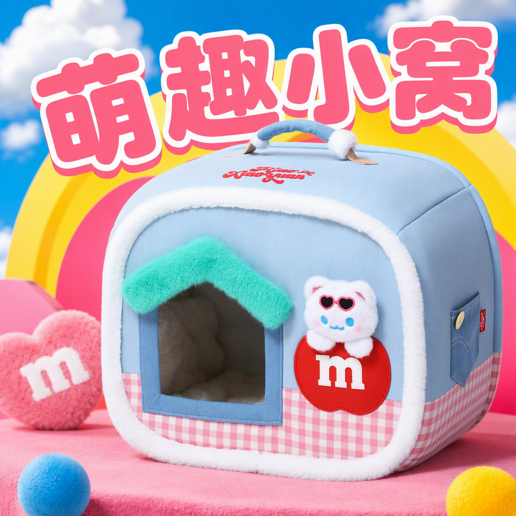 Nido de mascotas azul con techo verde rojo y blanco borde inferior a cuadros blanco borde de peluche gafas de sol oso muñeco rojo M logo top manija mascota descanso nido Specification image