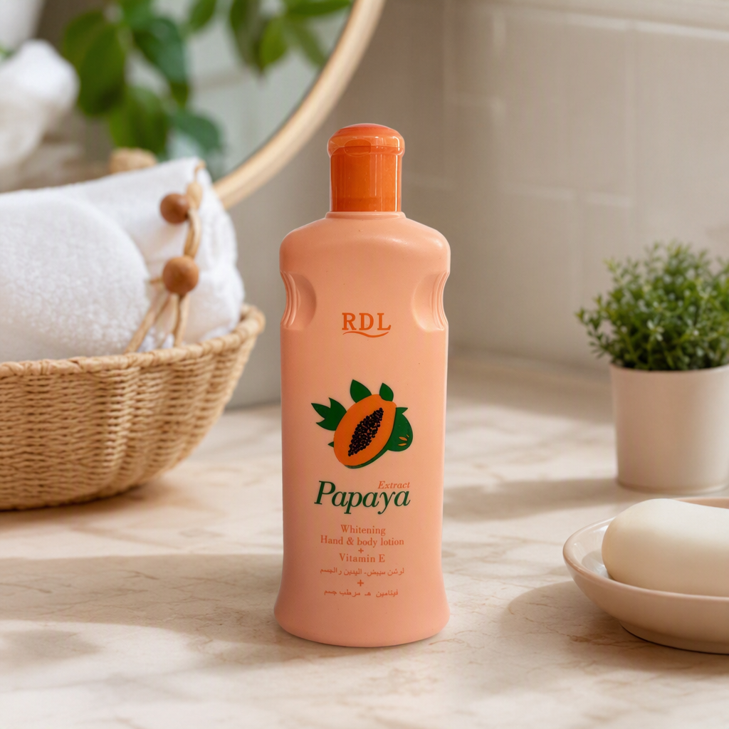 The orange bottle body lotion contains papaya extract for whitening hands, feet, moisturizing and full-body care details Picture
