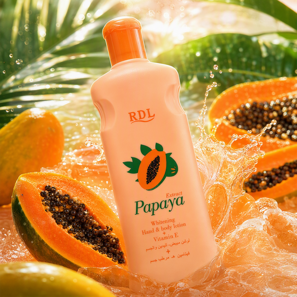 The orange bottle body lotion contains papaya extract for whitening hands, feet, moisturizing and full-body care Specification image