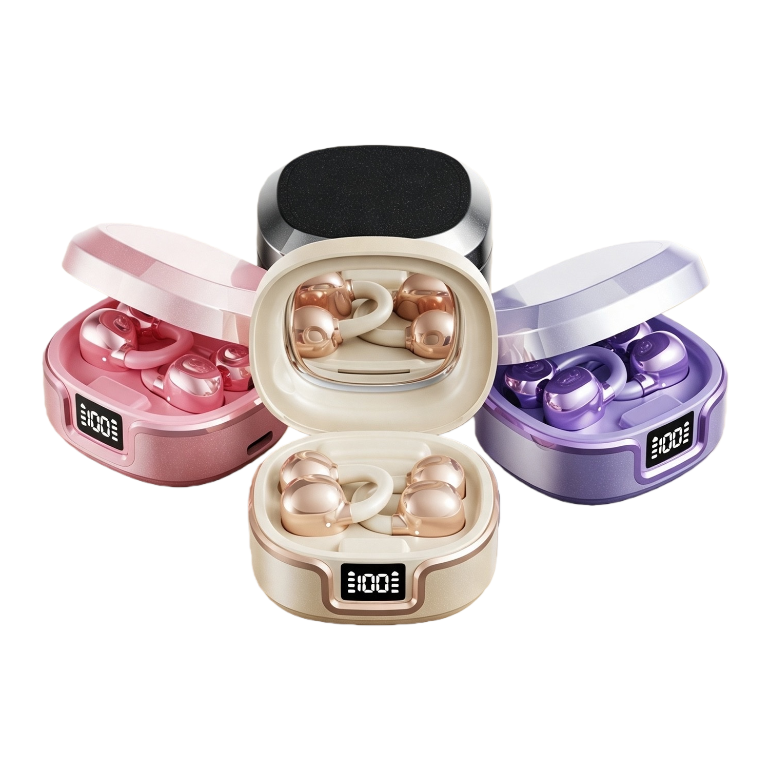 The pink, beige and purple earphone charging case and the golden mirror earbuds are fashionable, lightweight and portable, and compatible with multiple devices Item Picture