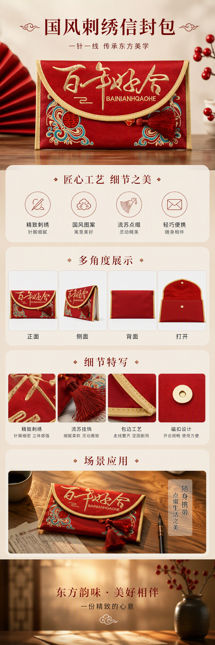 红色刺绣红包金边祥云流苏百年好合喜庆包装礼品装详情1