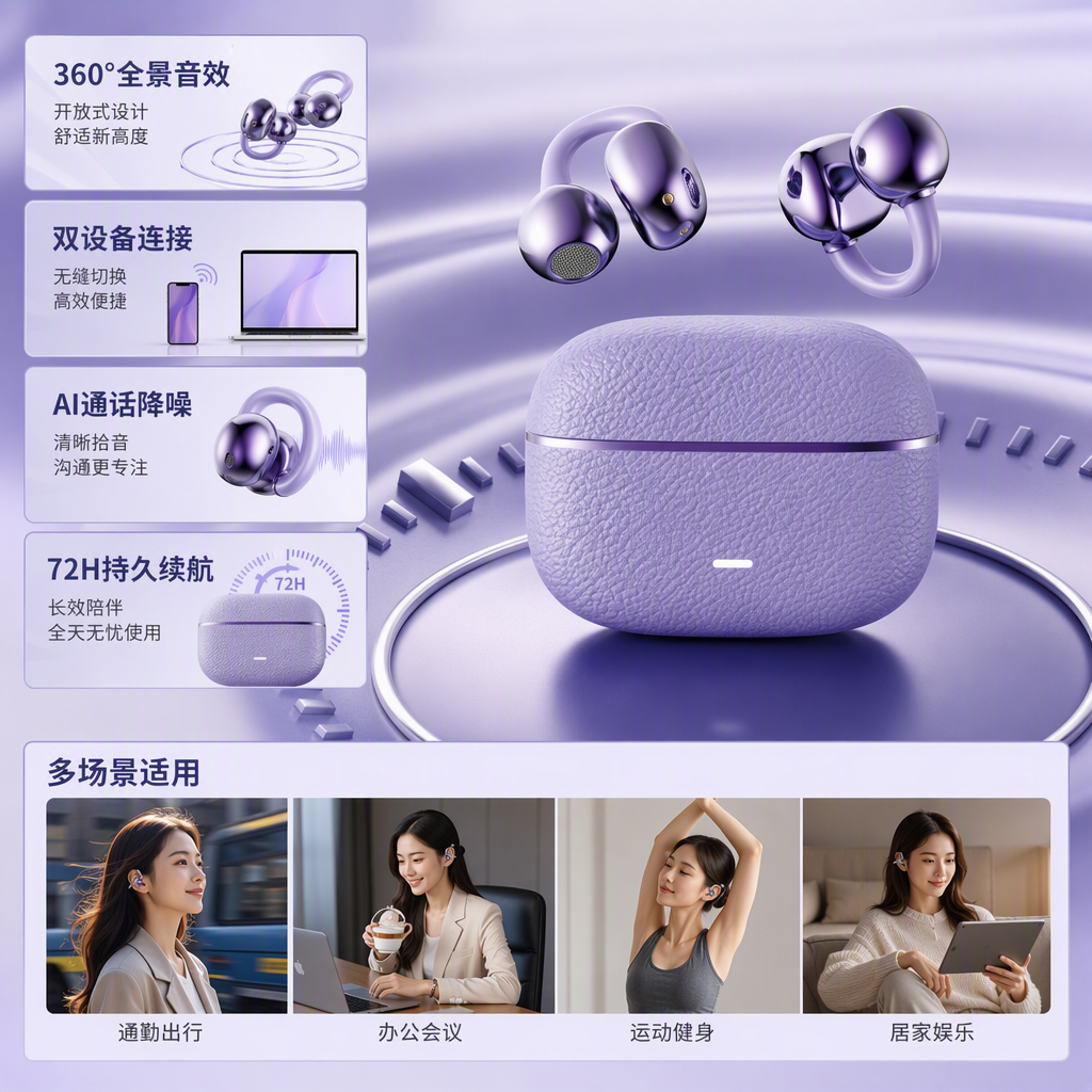 Fashionable purple wireless earphone portable charging case, high-definition audio quality Bluetooth earphones, suitable for sports