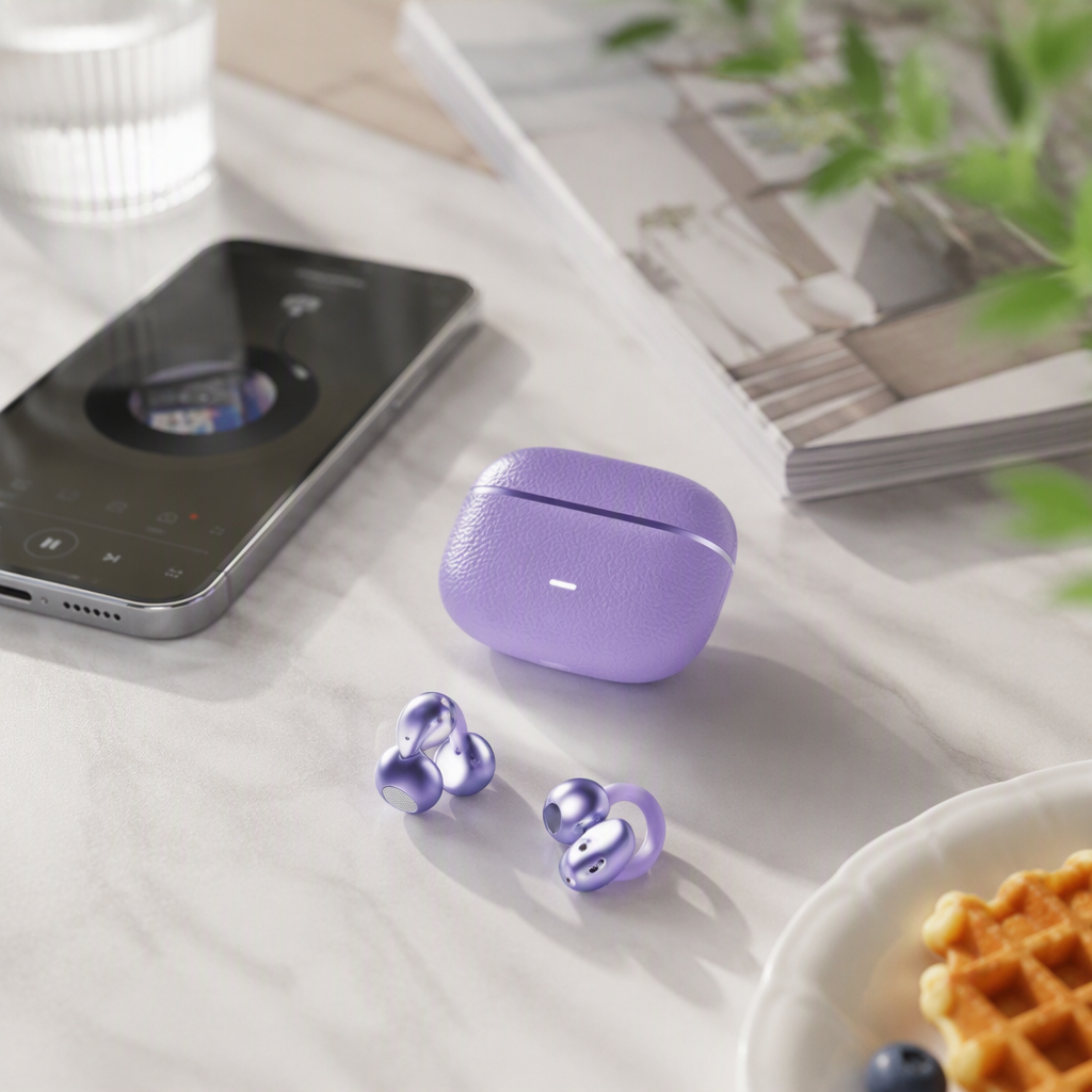 Fashionable purple wireless earphone portable charging case, high-definition audio quality Bluetooth earphones, suitable for sports details Picture