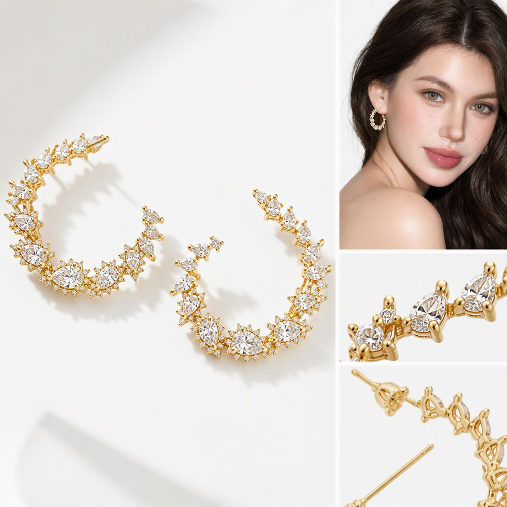Fashionable golden diamond-encrusted crescent-shaped earrings, rings and pendants set, simple and elegant women's accessory gift