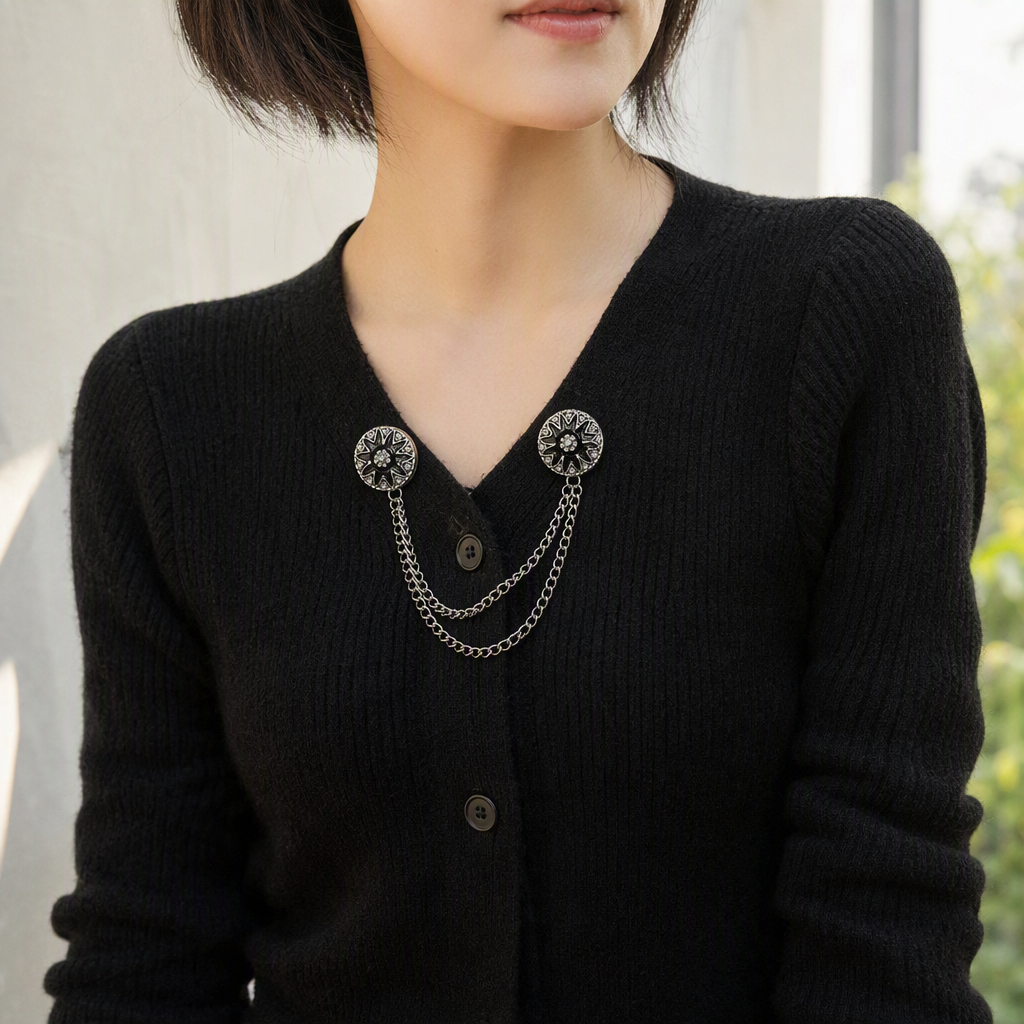 Fashionable silver chain with black background star-shaped decorative fasteners, trendy accessories, handcrafted DIY accessory materials, high-end new chain magnetic buckle silk scarf shawl, fixed pants to shorten, strong magnetic magic tool cufflinks, T-shirt to shorten, butterfly details Picture