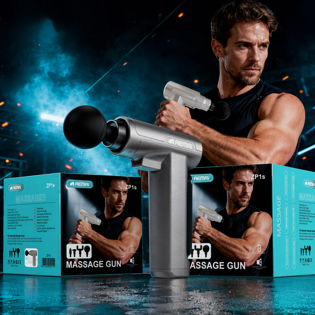 AEMAI blue packaging box portable massage gun, deep muscle relaxation multi-functional physical therapy device, home sports massager Specification image