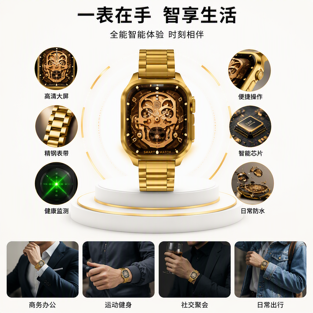 The golden dial smartwatch with a black background showcases fashion, sports and multiple functions in high definition