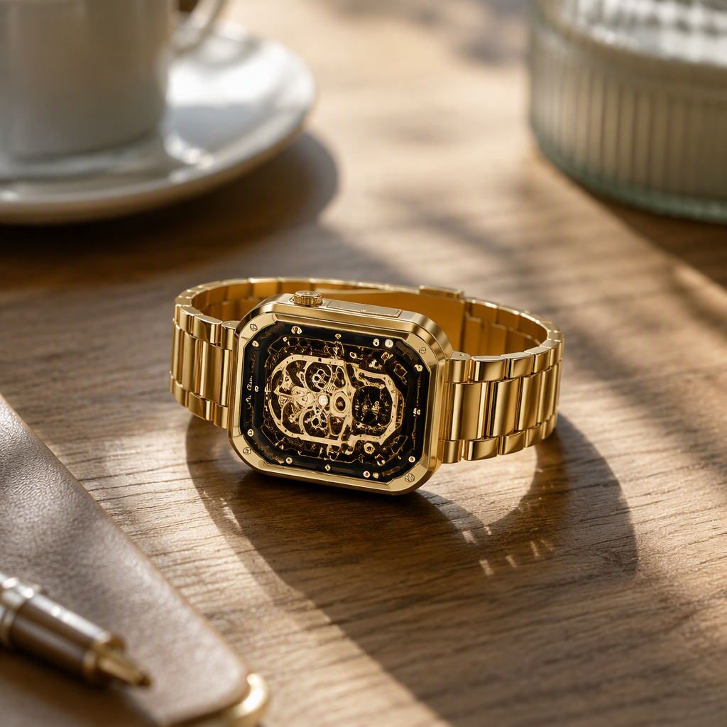 The golden dial smartwatch with a black background showcases fashion, sports and multiple functions in high definition details Picture