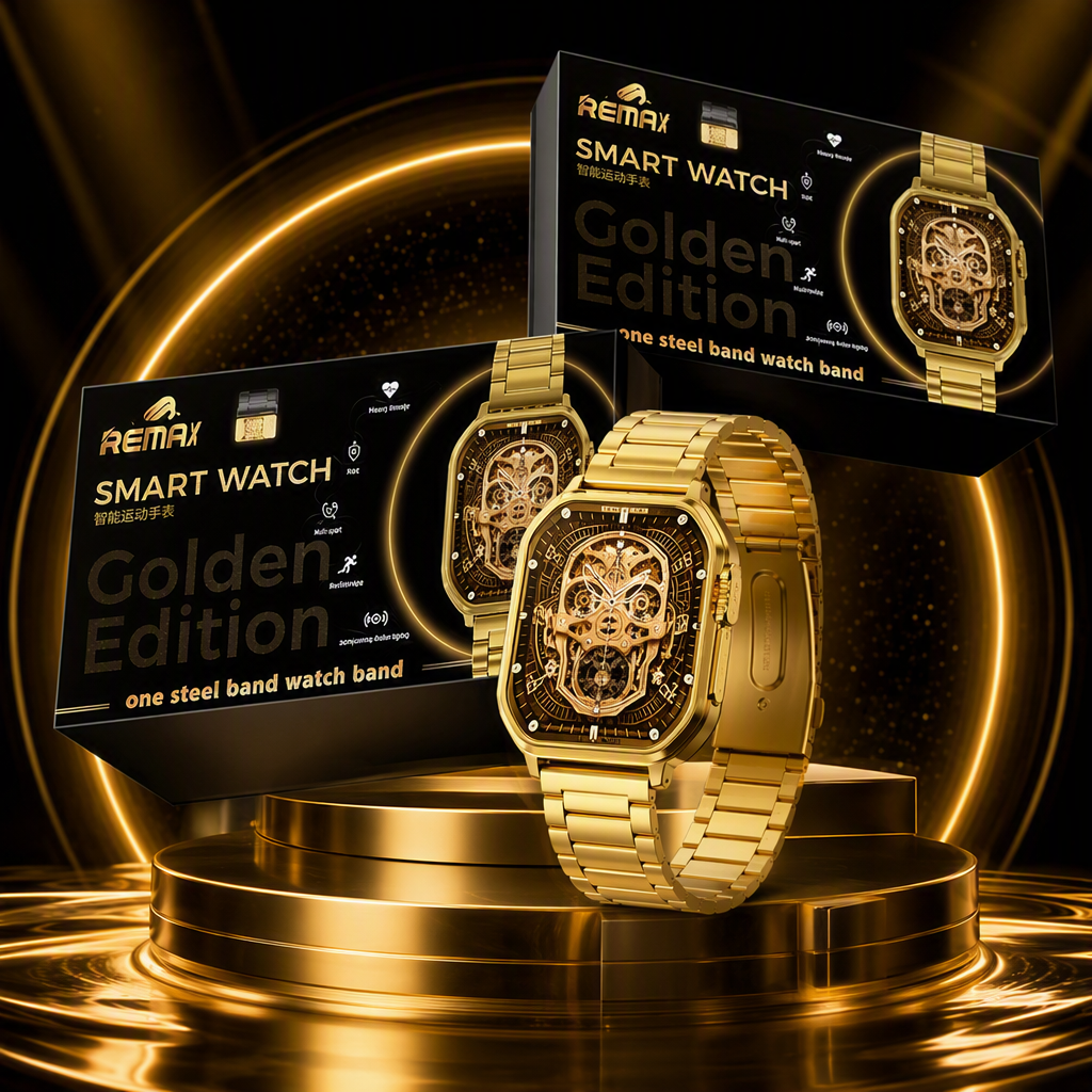 The golden dial smartwatch with a black background showcases fashion, sports and multiple functions in high definition Specification image