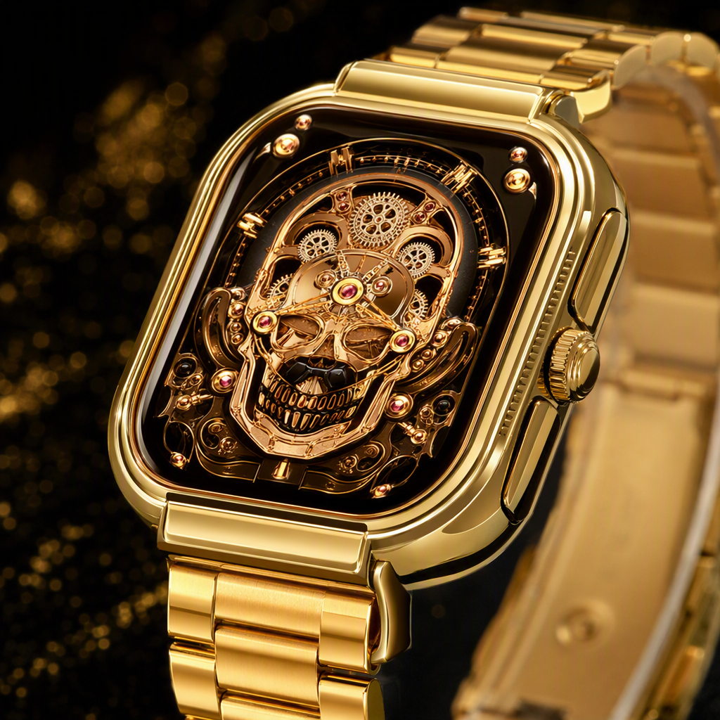 The golden dial smartwatch with a black background showcases fashion, sports and multiple functions in high definition Application Scenario
