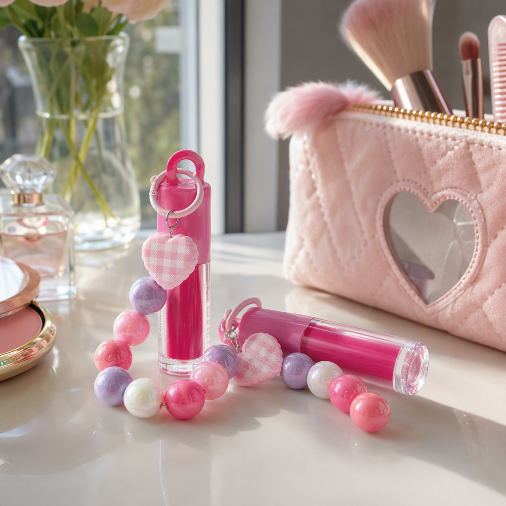 Color rosa lip gloss colgante set chica corazón cosméticos accesorios caja de regalo lindo creativo portátil details Picture
