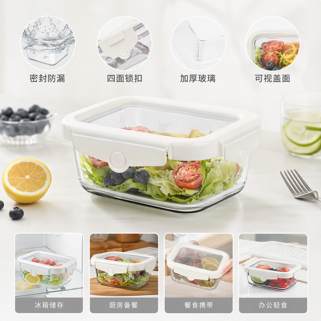 【CL】26Q3#1640 White lid transparent square food storage container, snap-on rotating crystal glass cup, straw sleeve, storage box, kitchenware