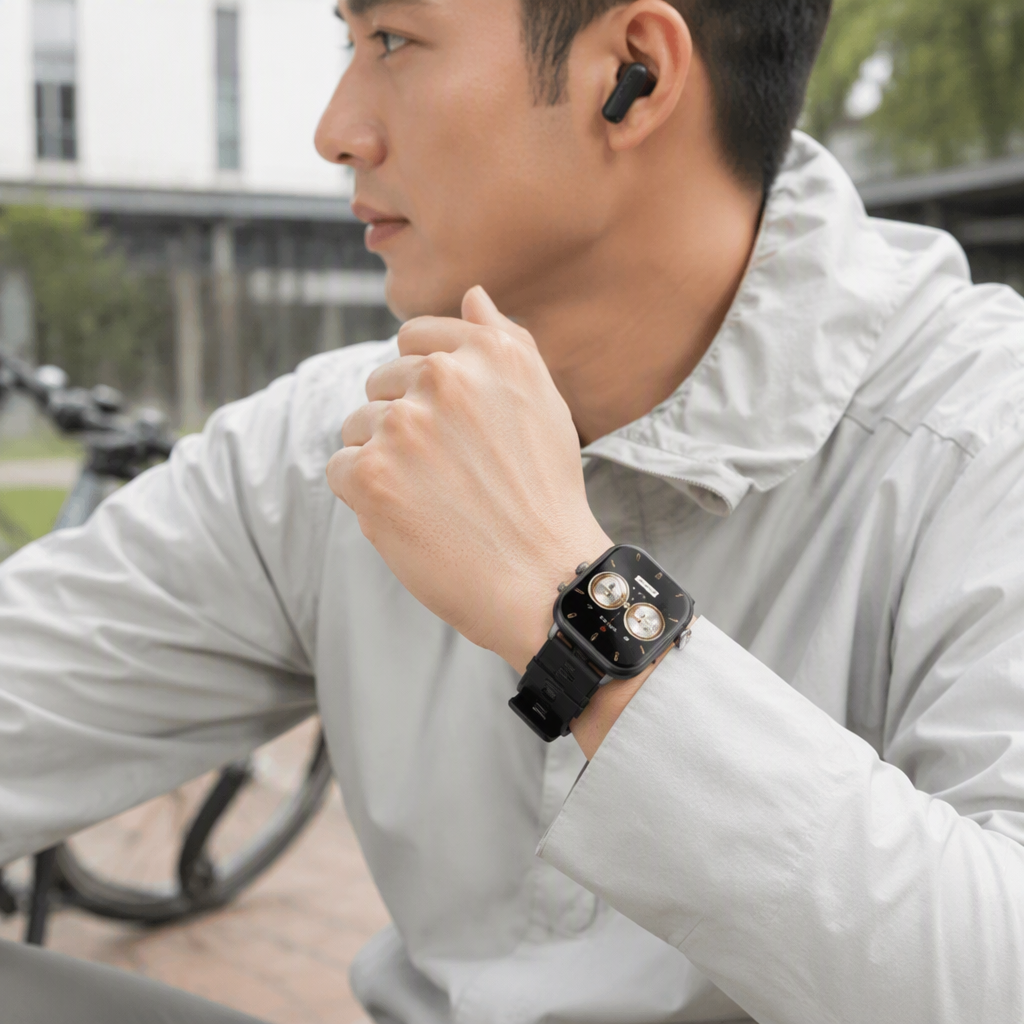A fashionable black smartwatch paired with wireless headphones, a multi-functional portable and trendy wristwatch for sports and health details Picture