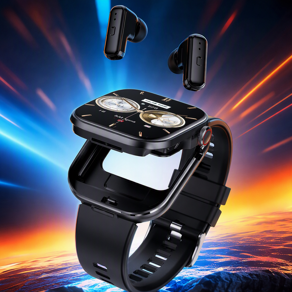 A fashionable black smartwatch paired with wireless headphones, a multi-functional portable and trendy wristwatch for sports and health Specification image