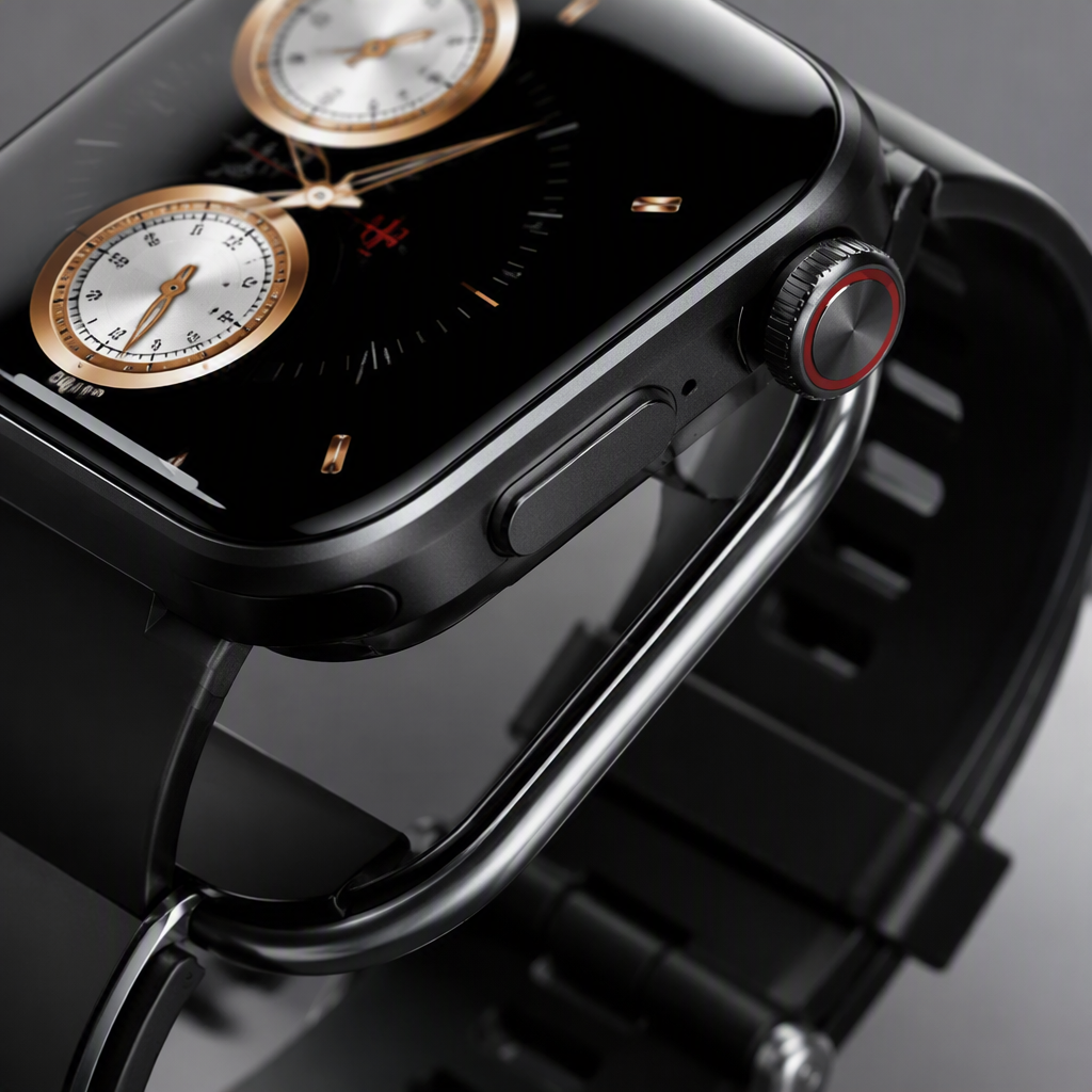 A fashionable black smartwatch paired with wireless headphones, a multi-functional portable and trendy wristwatch for sports and health Application Scenario