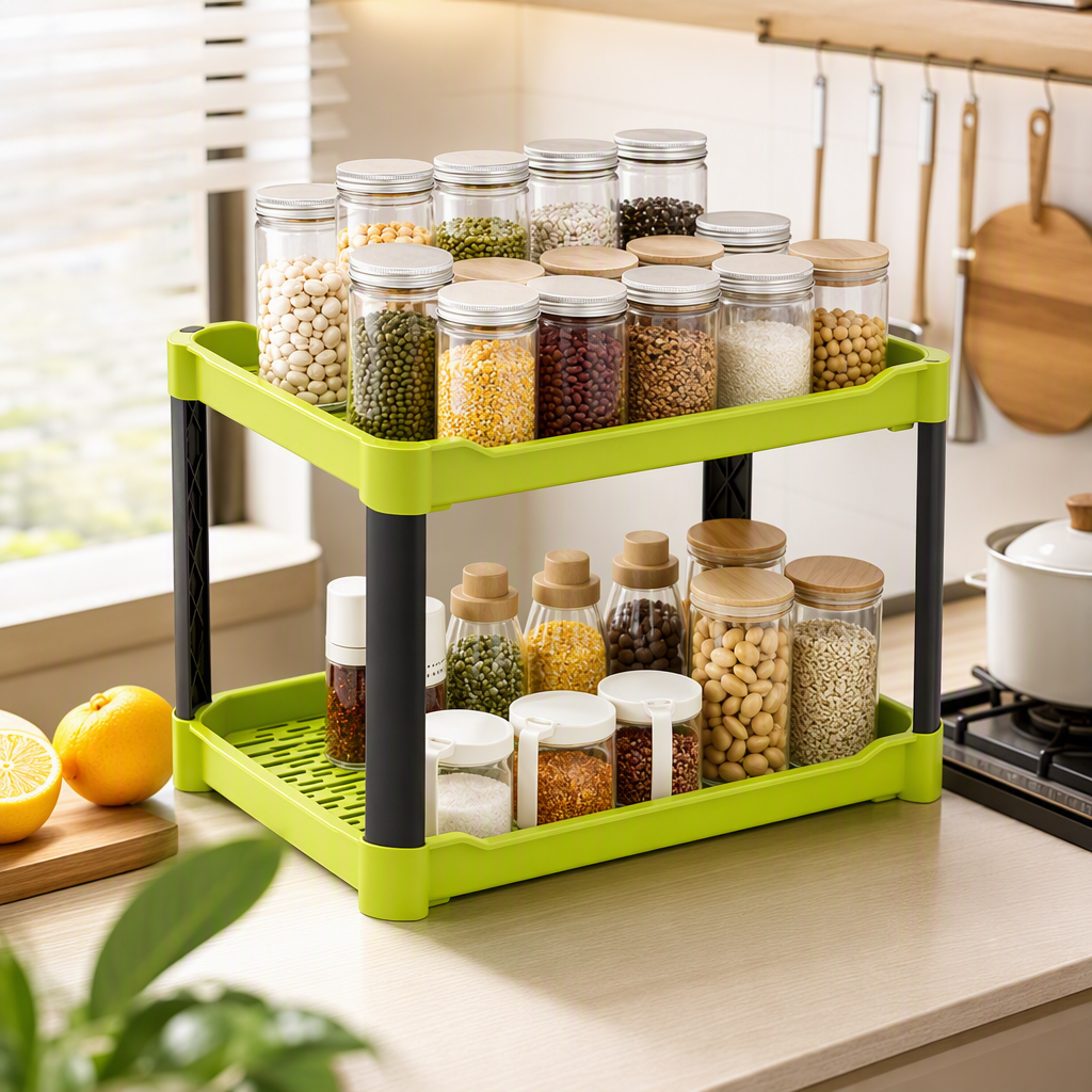 Multicapa ambiental verde doble rack rack de almacenamiento de balcón de cocina rack de almacenamiento doméstico simple y práctico Specification image