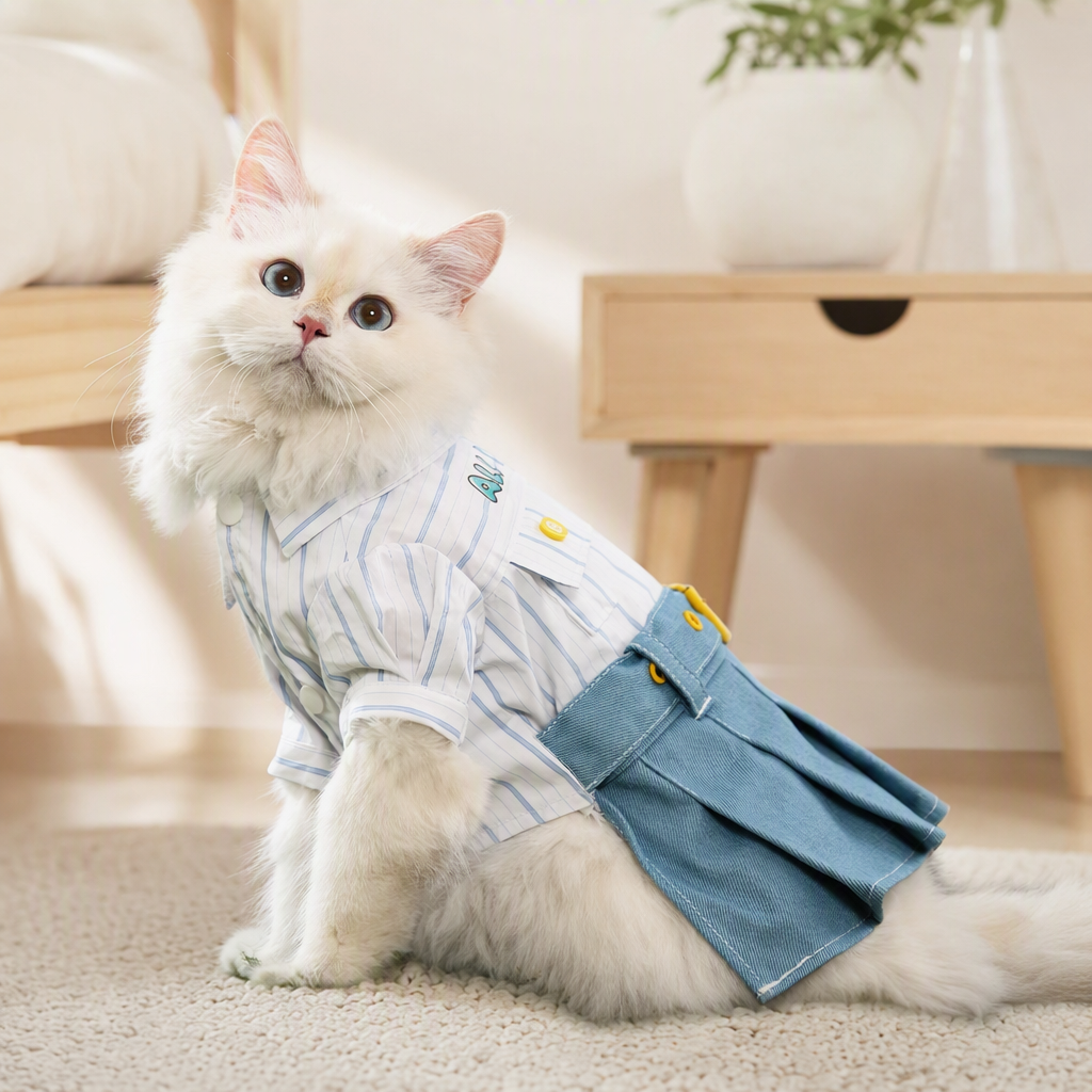 A cute long-haired cat wearing a striped shirt and a blue pleated skirt is sitting on the green grass for a casual and adorable pet photo shoot details Picture