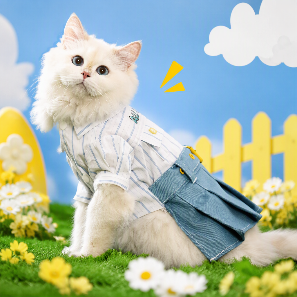 A cute long-haired cat wearing a striped shirt and a blue pleated skirt is sitting on the green grass for a casual and adorable pet photo shoot Specification image