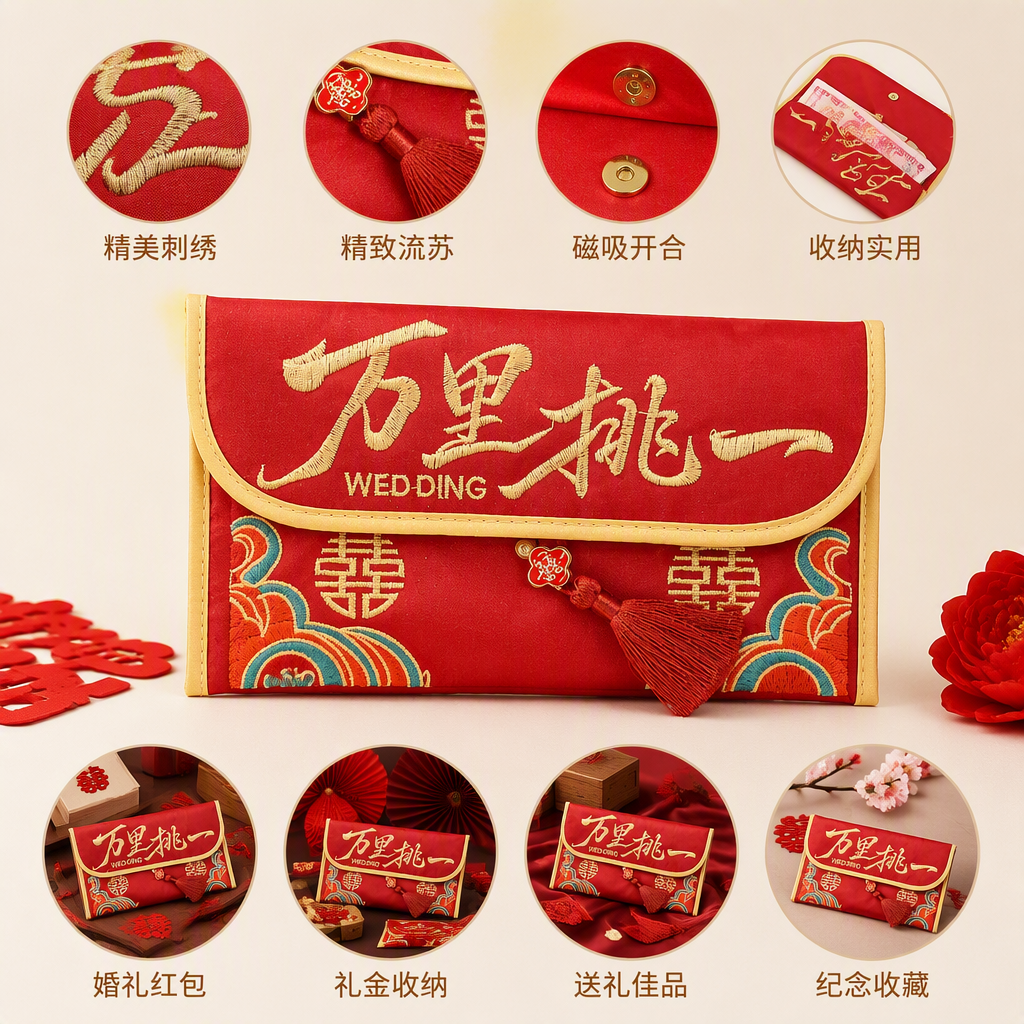 红色刺绣红包金边祥云流苏百年好合喜庆包装礼品装