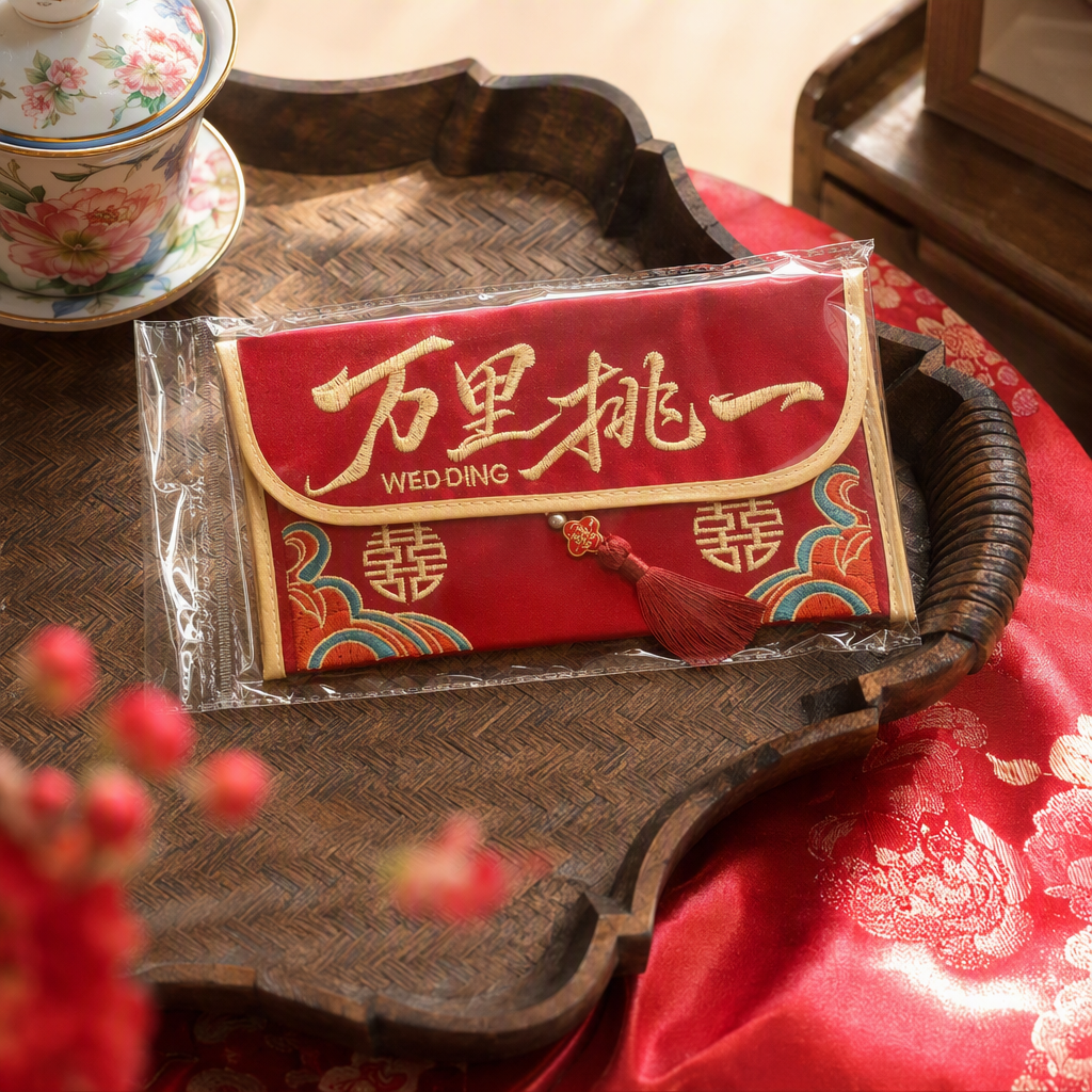 红色刺绣红包金边祥云流苏百年好合喜庆包装礼品装产品图