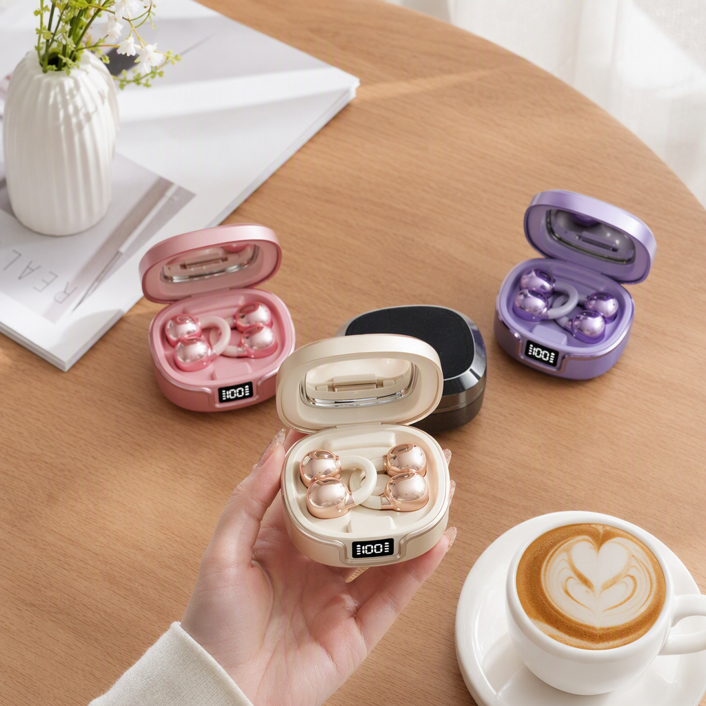 The pink, beige and purple earphone charging case and the golden mirror earbuds are fashionable, lightweight and portable, and compatible with multiple devices details Picture