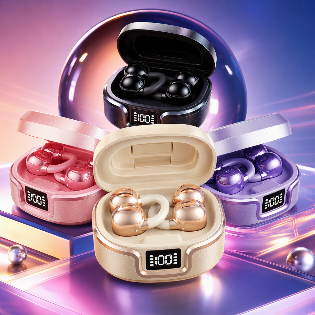 The pink, beige and purple earphone charging case and the golden mirror earbuds are fashionable, lightweight and portable, and compatible with multiple devices Specification image