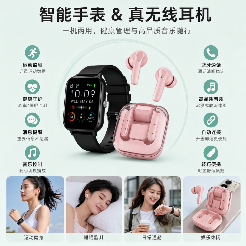 A fashionable and simple watch and earphone set