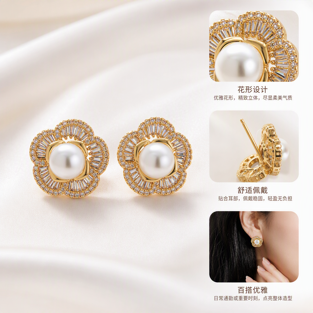 Elegant and fashionable earrings with golden flower-shaped stud earrings surrounded by pearls in the center and decorated with rectangular-cut crystals and small round diamonds