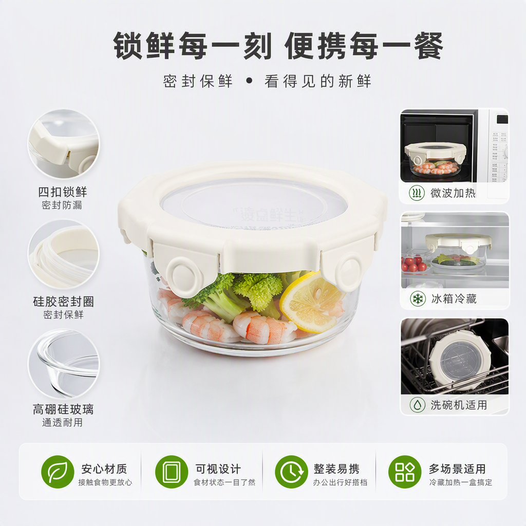 【CL】26Q3#1648 meters white lid glass food storage container with snap-on seal, rotating crystal glass cup, straw sleeve, multi-functional kitchenware