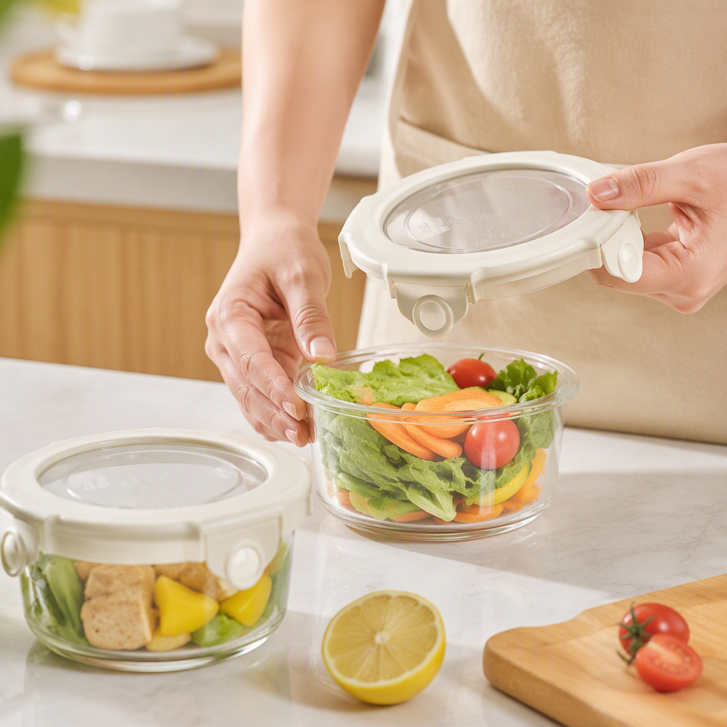 【CL】26Q3#1648 meters white lid glass food storage container with snap-on seal, rotating crystal glass cup, straw sleeve, multi-functional kitchenware details Picture