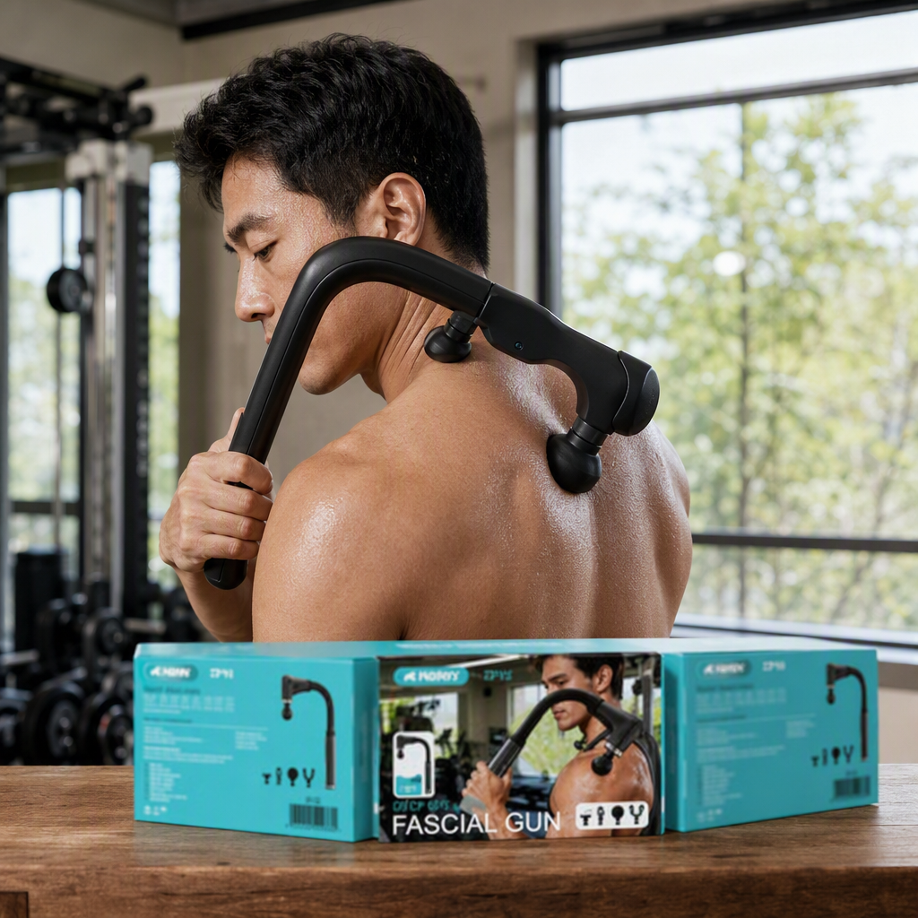 The multi-functional fascia relaxation massager comes in a blue packaging box and is a portable deep muscle soothing physiotherapy device details Picture