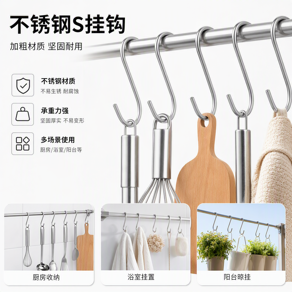 Multifunción plata acero inoxidable s-hook cocina ropa colgante fuerte carga simple y práctico artículos para el hogar
