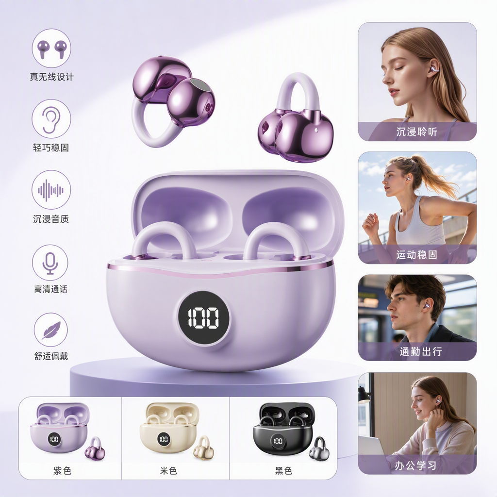 The purple wireless earphone set comes with a charging case and earbuds. It features high-definition sound quality, is lightweight and portable, and is compatible with multiple devices