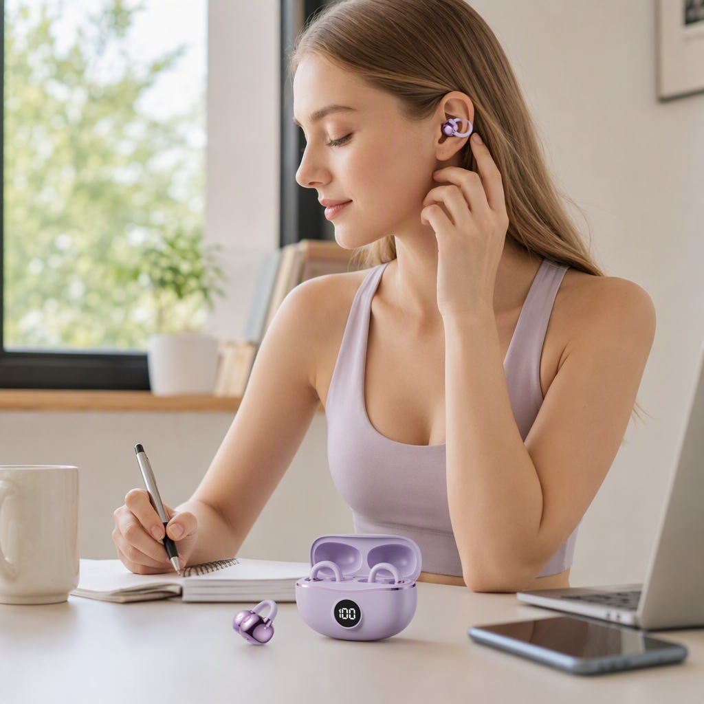 The purple wireless earphone set comes with a charging case and earbuds. It features high-definition sound quality, is lightweight and portable, and is compatible with multiple devices details Picture
