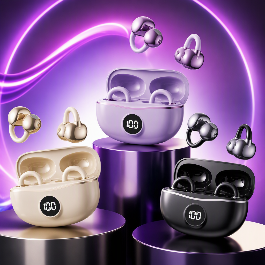 The purple wireless earphone set comes with a charging case and earbuds. It features high-definition sound quality, is lightweight and portable, and is compatible with multiple devices Specification image