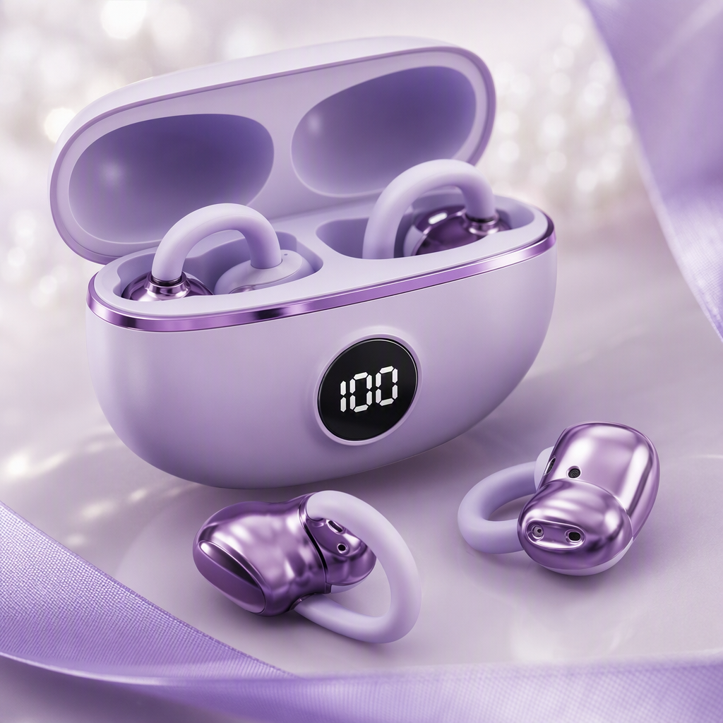The purple wireless earphone set comes with a charging case and earbuds. It features high-definition sound quality, is lightweight and portable, and is compatible with multiple devices Application Scenario