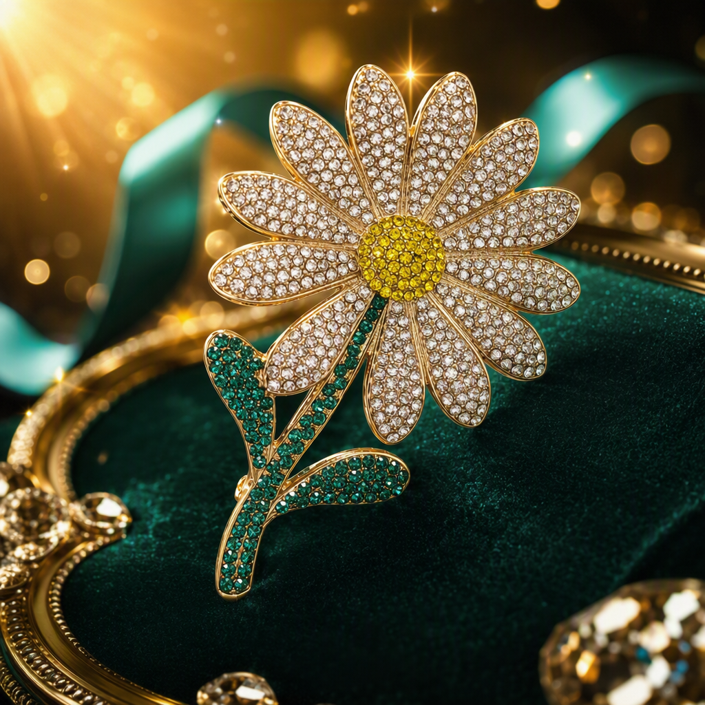 金色镶钻雏菊胸针细节图