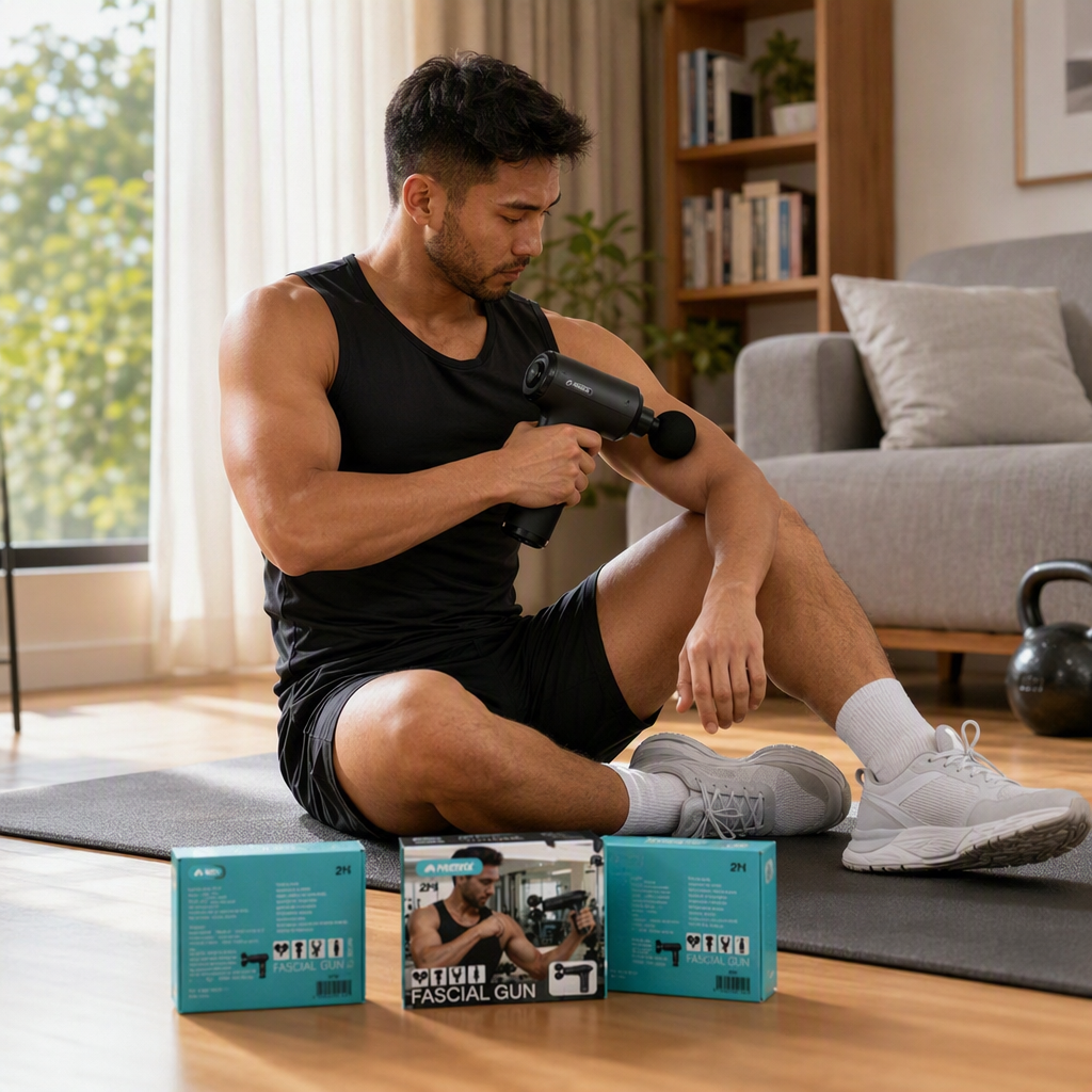Caja azul arma fascia relajación profunda masaje muscular equipo portátil de fisioterapia deportiva details Picture