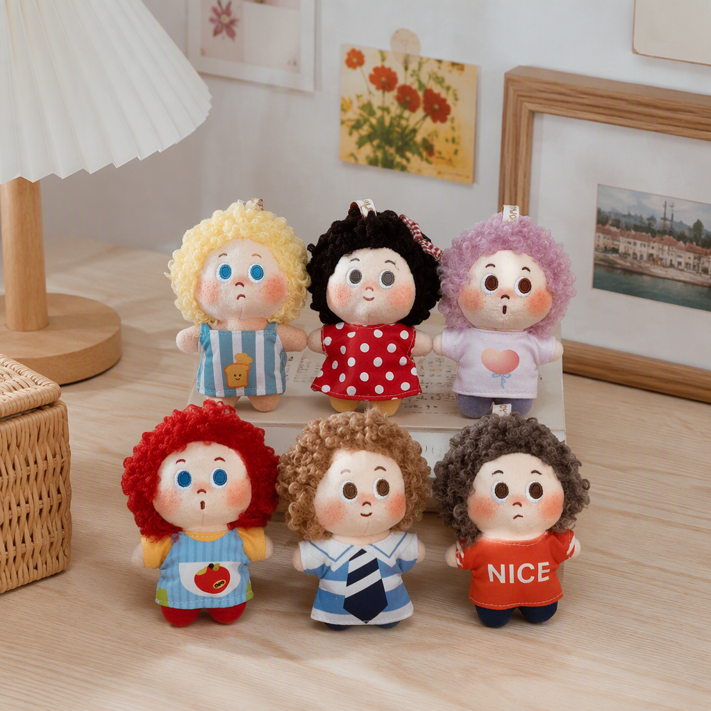 Set juguete de peluche cabeza explosiva bolsa de escuela llavero colgante adorable muñeca de dibujos animados bondadoso comercio exterior al por mayor seis color rizado muñeca de peluche almohada linda juguete de peluche regalo para niños colección estilo details Picture