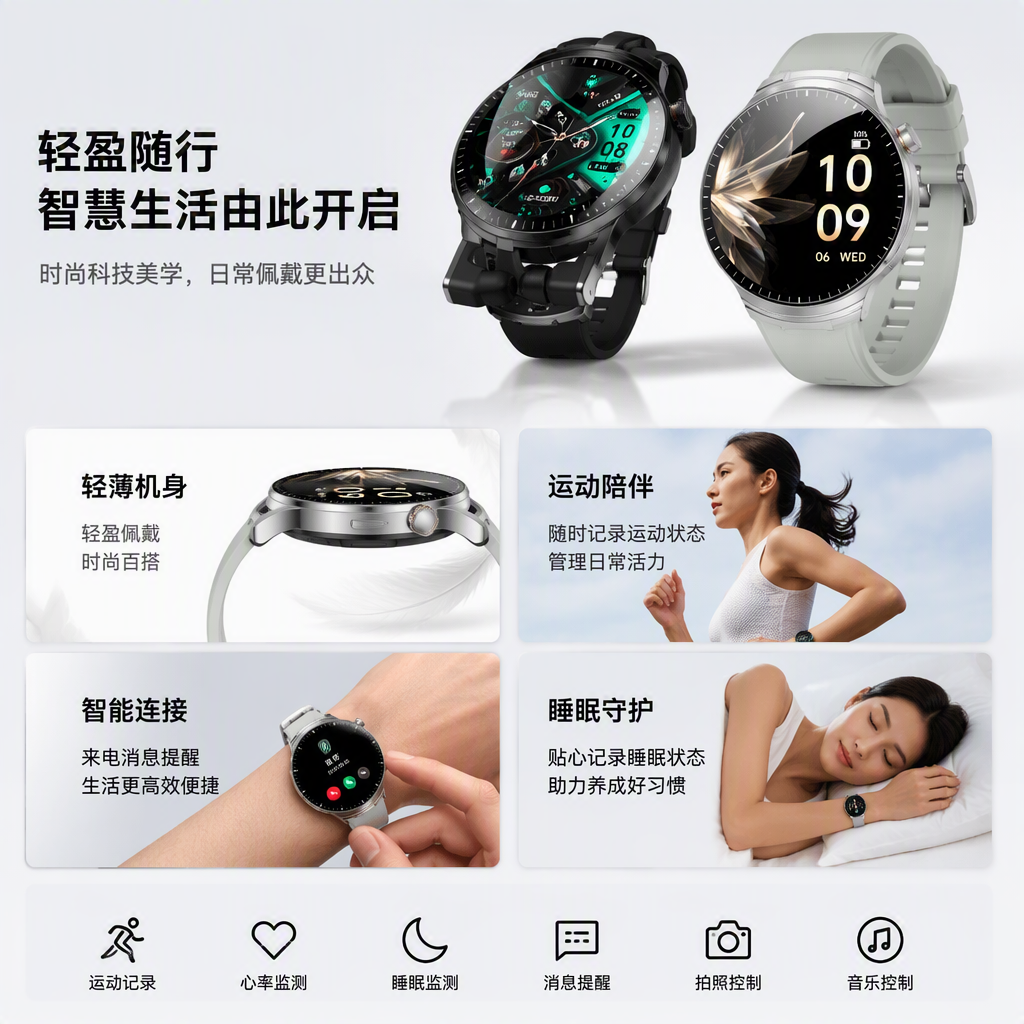 Fashionable multi-functional smartwatch in black and white, suitable for both men and women, featuring Bluetooth connection for sports and health monitoring, a trendy model