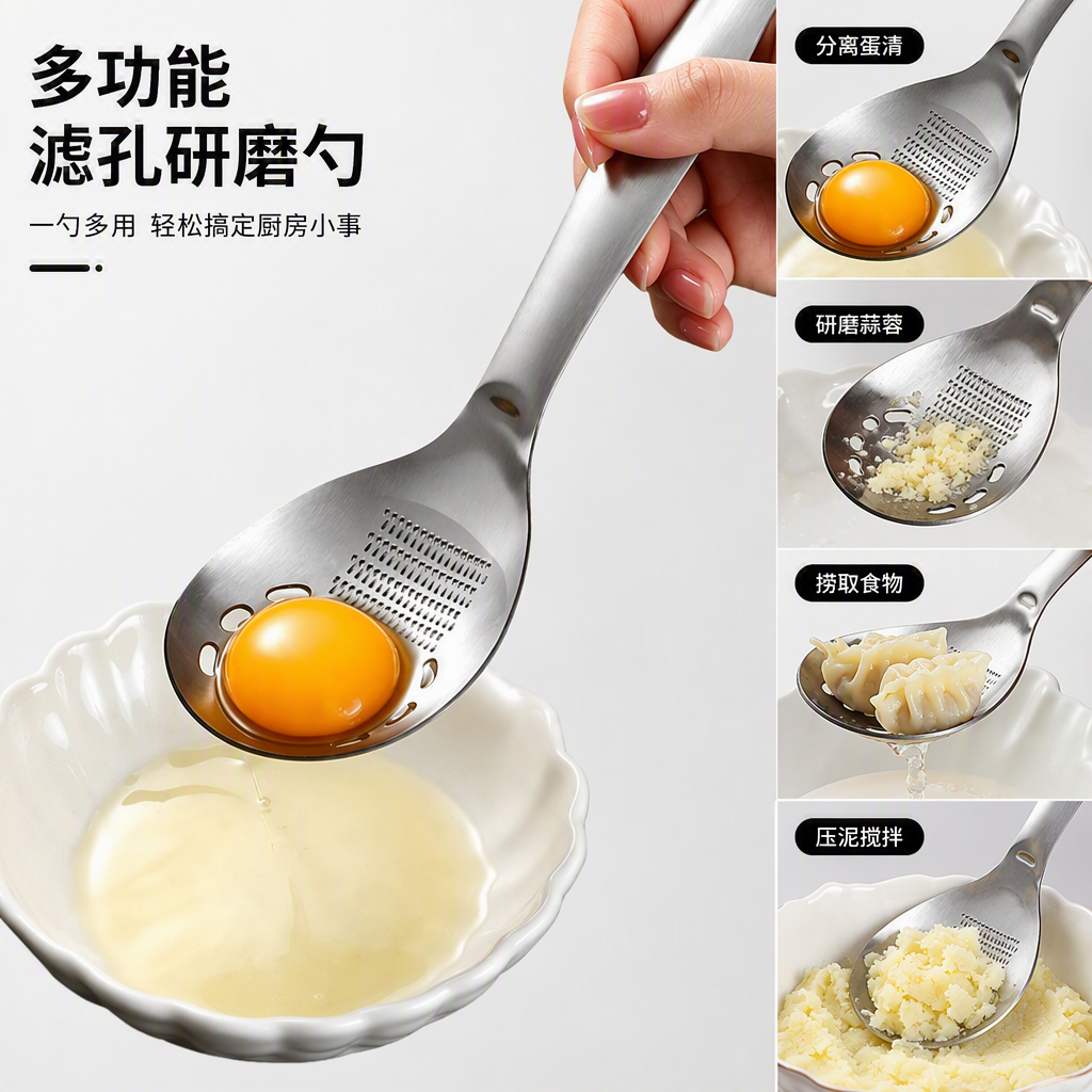 Acero inoxidable cuchara de escape yema de huevo recipiente blanco sobre cocina herramientas de cocina durable y práctico