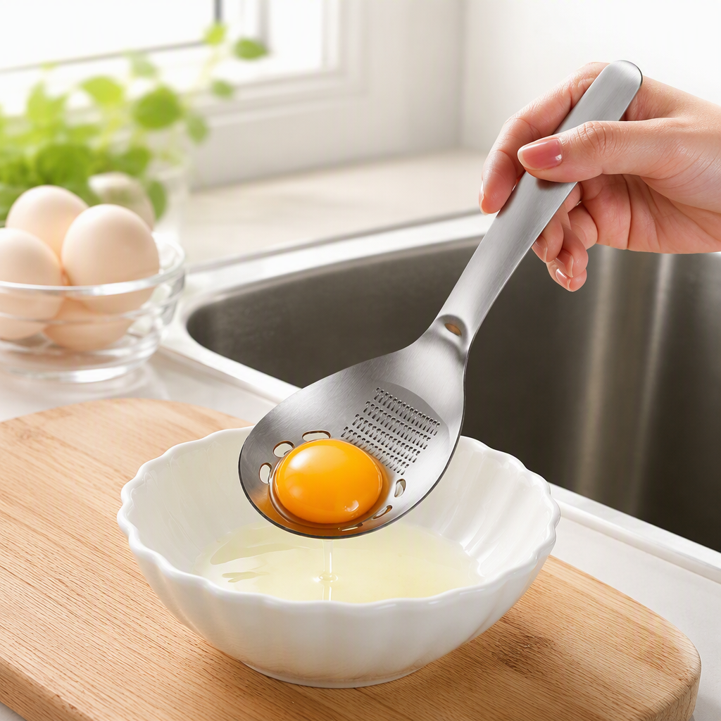 The stainless steel strainer, egg yolk container, and kitchen cooking tool above the white bowl are durable and practical details Picture