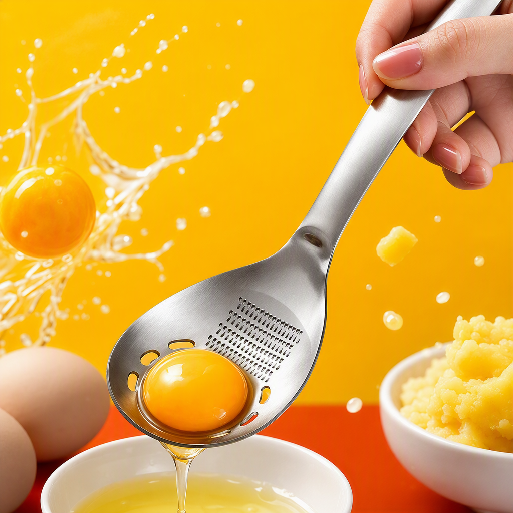 The stainless steel strainer, egg yolk container, and kitchen cooking tool above the white bowl are durable and practical Specification image
