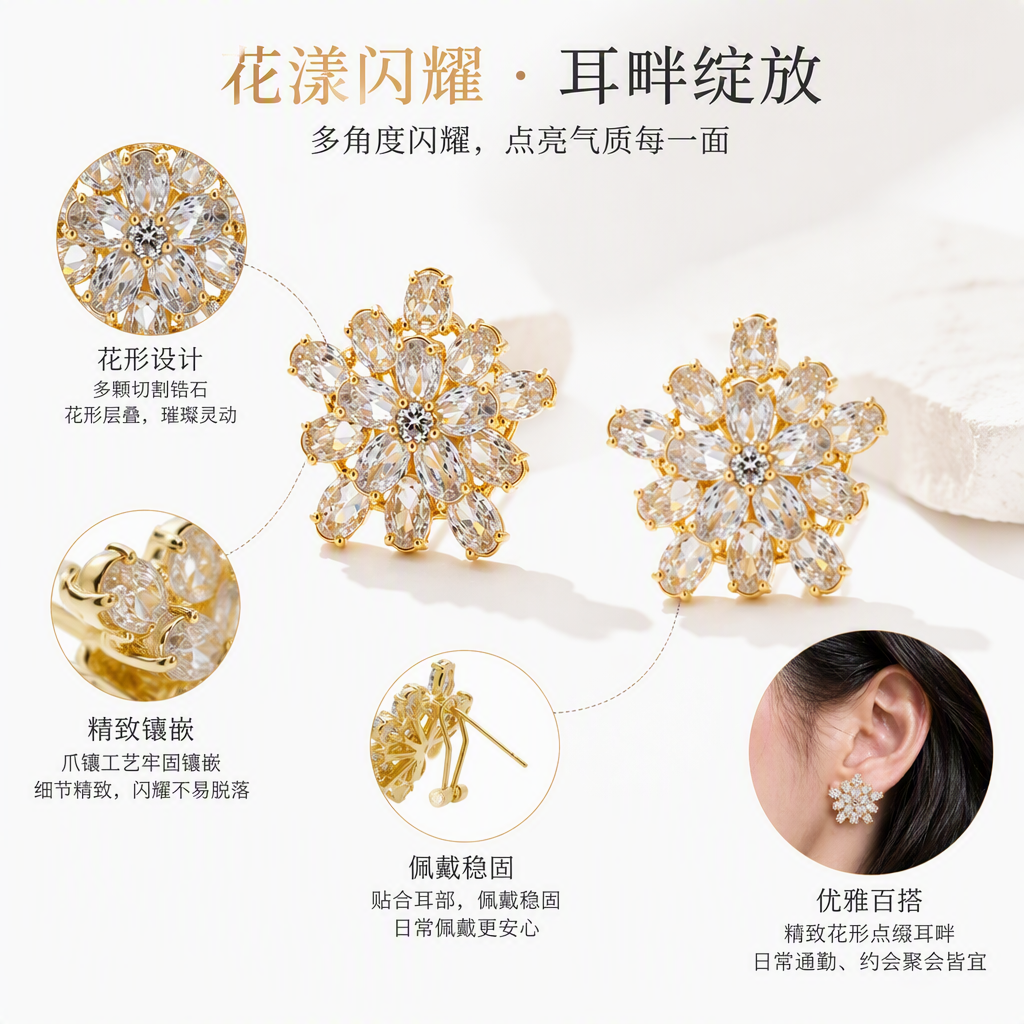 金色花形水晶耳钉简约百搭时尚气质优雅耳饰女款潮流耳坠