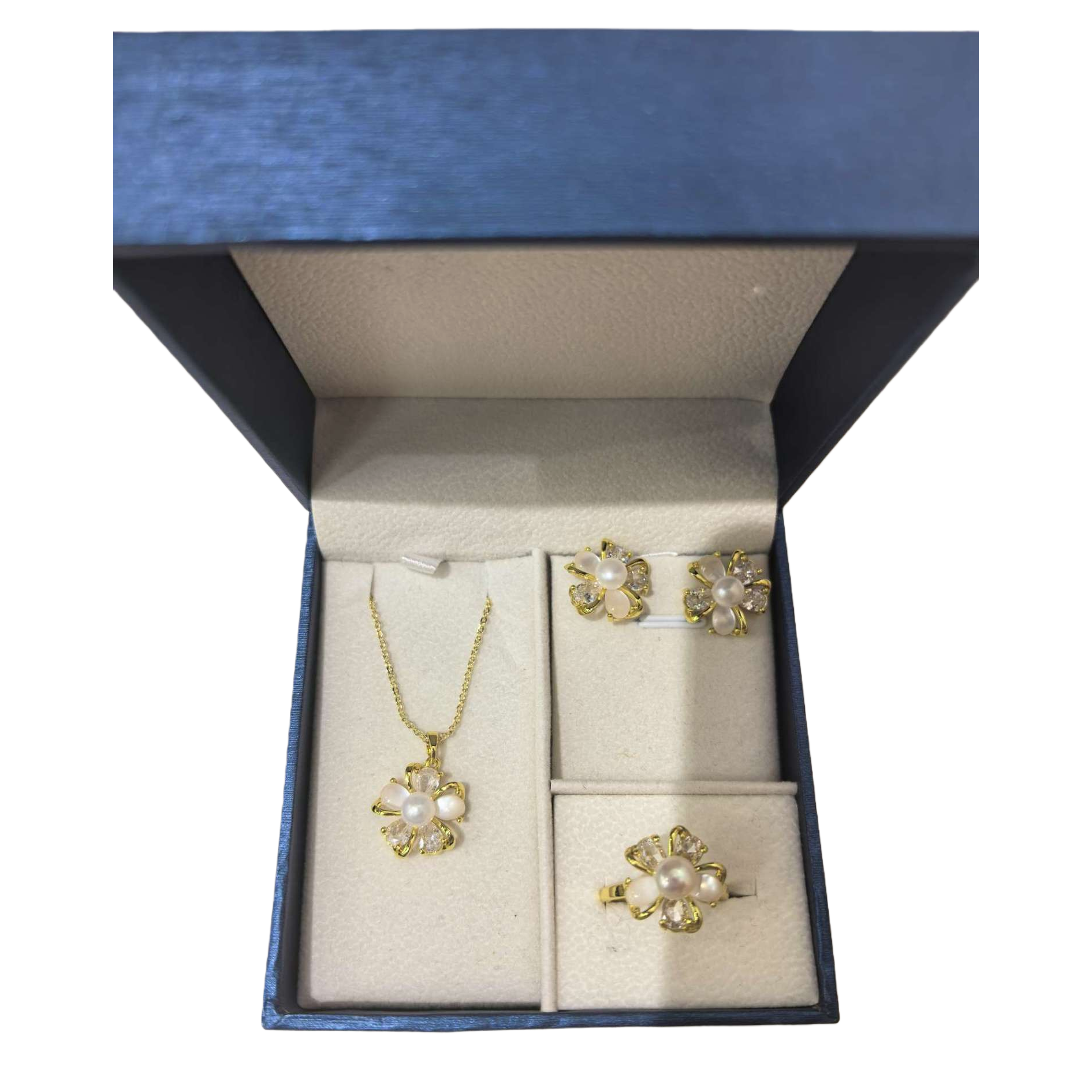 Blue gift box, pearl and flower jewelry set, necklace, stud ring, elegant and fashionable gift decoration Item Picture