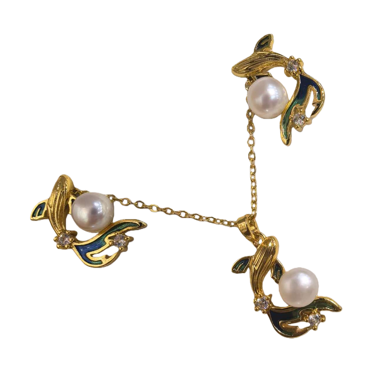 The golden fish-shaped pearl earrings set includes two stud earrings and a pendant. It is decorated with blue and green enamel pearl zircon and stored in a white velvet box Item Picture