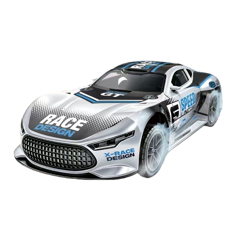 Simulación racing racing plateado blanco negro azul pintado neumáticos resistentes a golpes cola exquisita carrocería estampado RACE DESIGN X-RACE track background modelos juguetes Item Picture