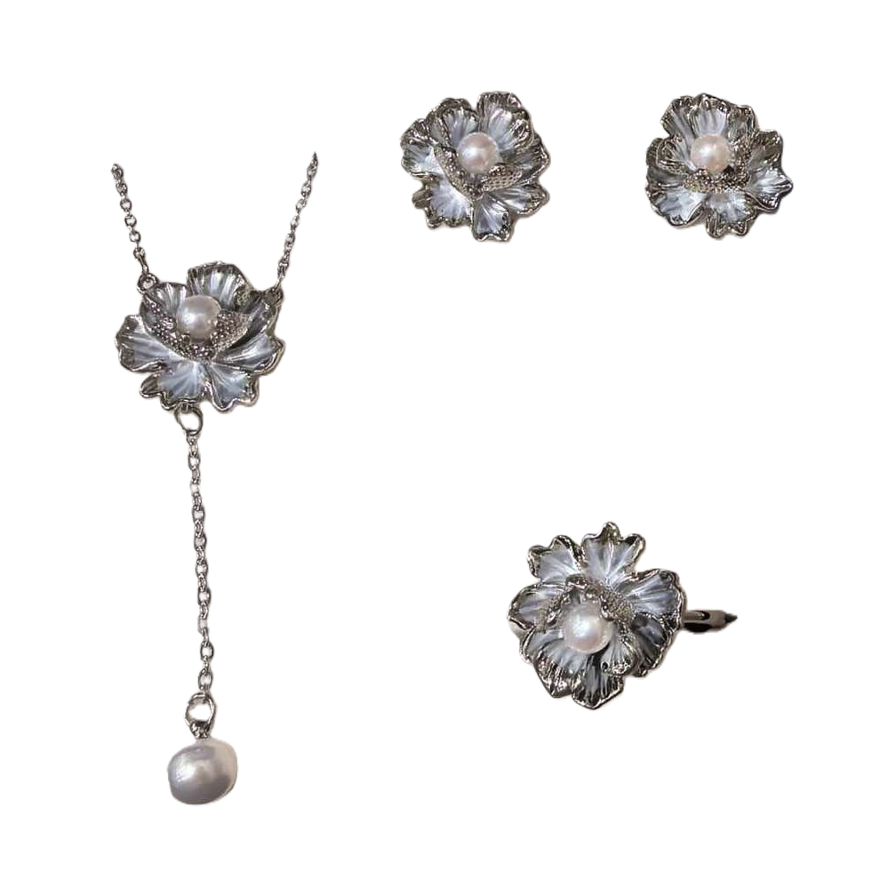 The blue gift box set of silver pearl flower jewelry is a fashionable and elegant gift Item Picture