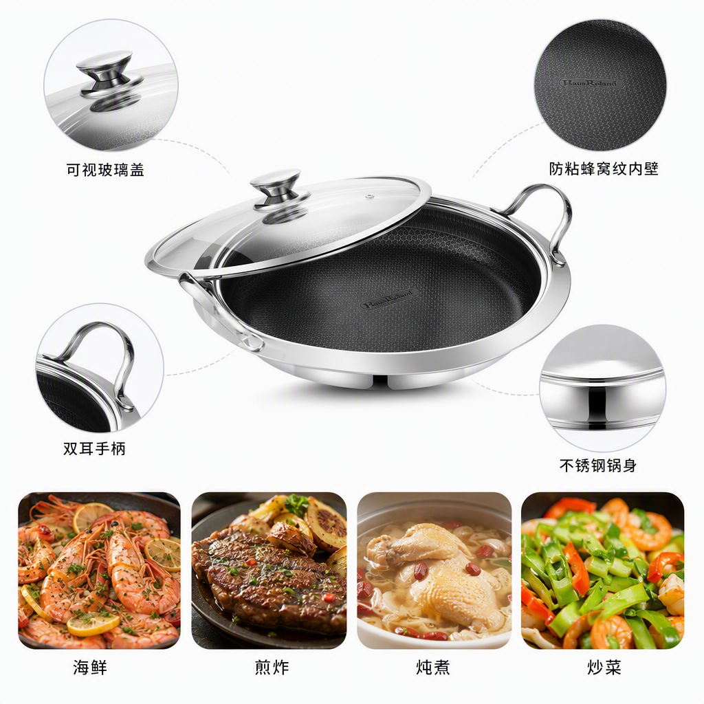 Multi-functional stainless steel 304 three-layer steel frying pan, household heat-resistant and corrosion-resistant kitchenware HRS1106-2 details Picture