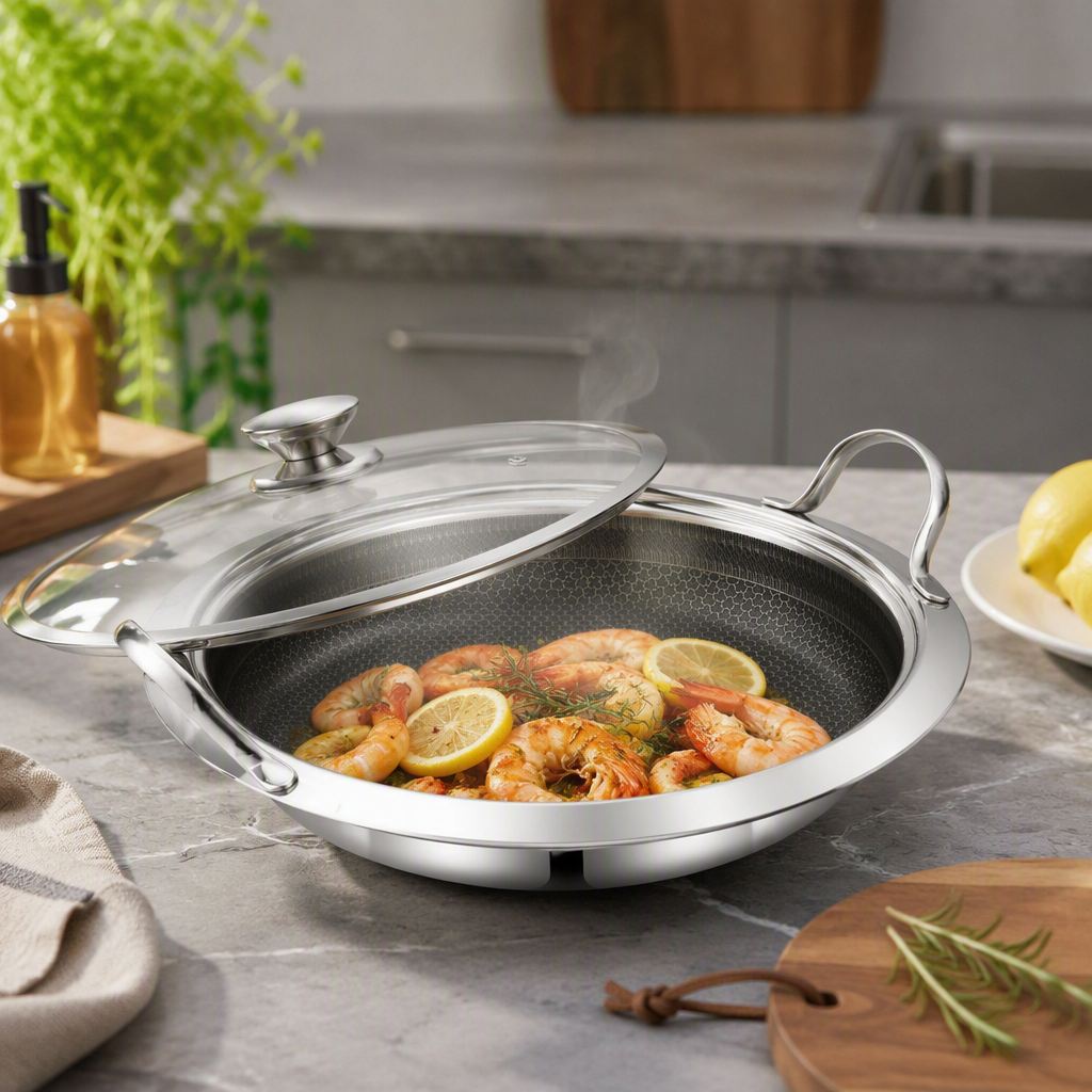 Multi-functional stainless steel 304 three-layer steel frying pan, household heat-resistant and corrosion-resistant kitchenware HRS1106-2 Specification image